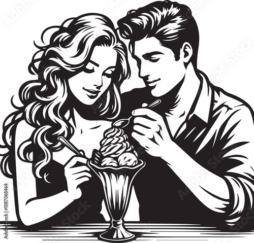 Couple Sharing a Sweet Treat: A Romantic Vintage Illustration. A black and white vintage-style illustration of a romantic couple sharing a sundae.