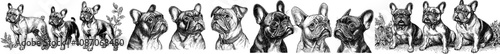 An isolated dog breed head in modern clipart style. Front and side views of a french bulldog with its tongue hanging out. It is a silhouette tattoo style. Dog breed head isolated in modern clipart