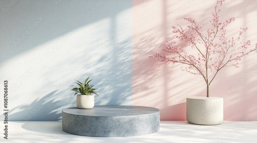 Minimalist product display with a round platform, a potted plant and a pink flowering branch in front of a blue and pink wall with sunlight. Minimalist product display with a round platform, a potted plant and a pink flowering branch in front of a blue and pink wall with sunlight.