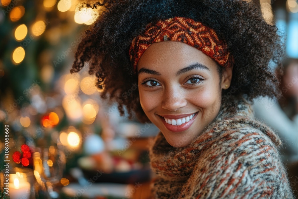 Happy woman smiling during christmas dinner with family
