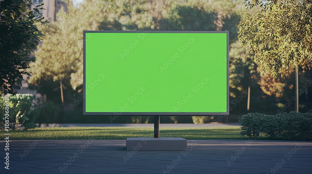 Fototapeta premium A large green screen billboard stands in a park surrounded by trees, providing a blank canvas for advertisements or digital displays.