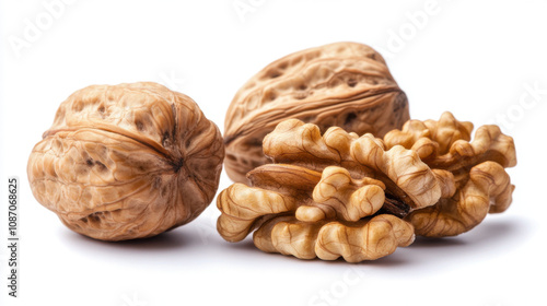 cracked walnuts isolated on white background