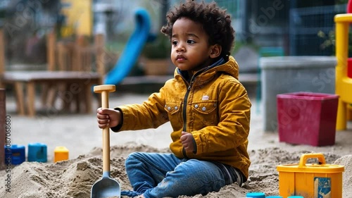 A child sitting in an empty sandbox with a shovel in hand, drawing patterns in the sand absentmindedly, looking for something else to do. photo