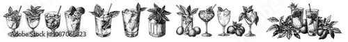 Featuring popular alcoholic cocktails in a linear style, this illustration is suitable for drinks cards, bar menus, wedding cards, and website graphics.