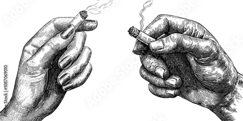The hand holding a marijuana joint is illustrated in this illustration