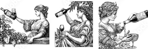 In this image a classical woman statue holds a glass of wine and grapes, which is drawn on a generative ai fictional character. The image is black and white and has an imitation scratch board