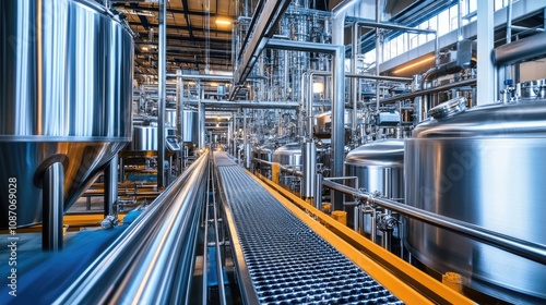 Industrial Brewery Interior with Stainless Steel Tanks