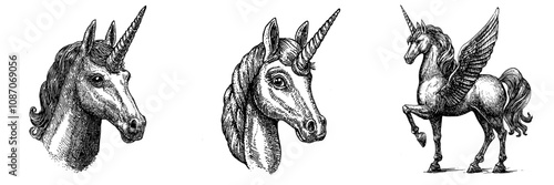 The outline of a unicorn head in profile is a simple black and white outline image. Suitable for any mythological creature themed project.