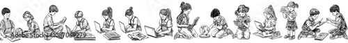 Elementary school students, kids learning chemistry, math, science and art. Flat modern illustration isolated on white.