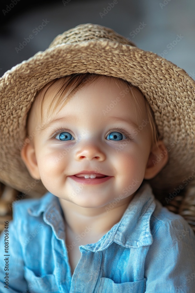 Adorable baby smiling and wearing a straw hat Adorable baby smiling and wearing a straw hat