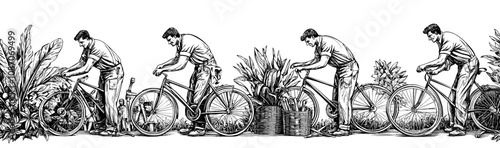 Flat modern illustration of mechanics fixing bike breaks. Professional repairmen adjusting wheels, cycle gears maintenance, set, on white background.