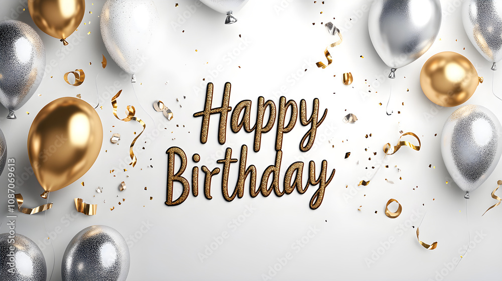 'Happy Birthday' text with a sparking effect, as if lit by sparklers, surrounded by silver and gold balloons for a lively celebration vibe 'Happy Birthday' text with a sparking effect, as if lit by sparklers, surrounded by silver and gold balloons for a lively celebration vibe
