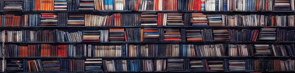 Fototapeta premium A vast array of books, neatly organized on wooden shelves built into a rocky cliff face.