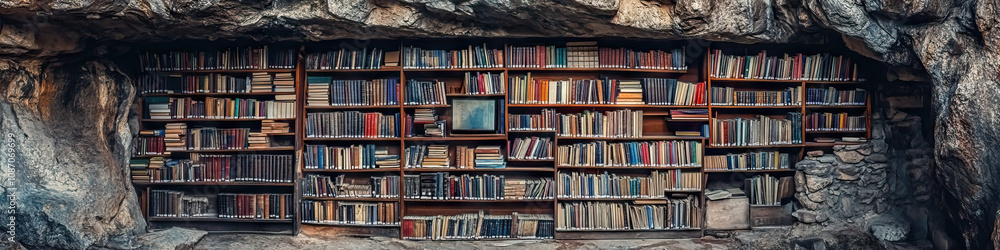 A vast array of books, neatly organized on wooden shelves built into a rocky cliff face. A vast array of books, neatly organized on wooden shelves built into a rocky cliff face.