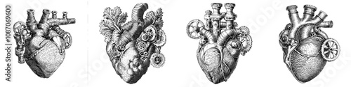 Featuring a steampunk heart made of gears, pipes, mechanical components, and human anatomy with industrial design sketches engraved with generative AI. Scratch board imitation.