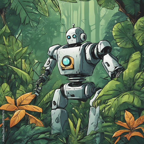 background illustration of robot in the forest