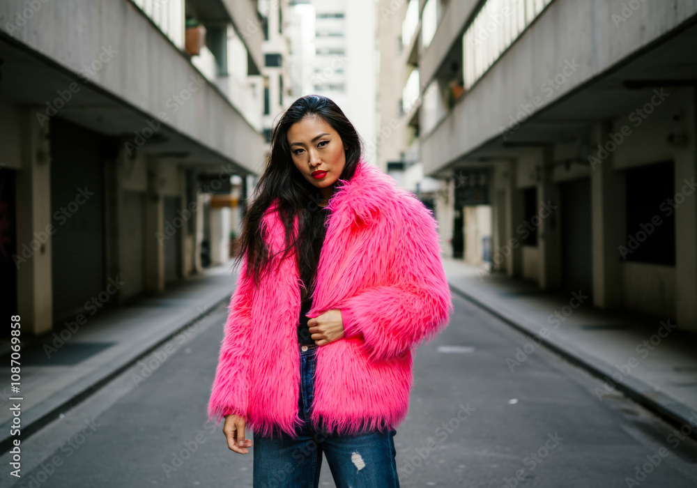 A woman in a bright pink fur coat stands confidently on a city street with modern buildings in the background during the day A woman in a bright pink fur coat stands confidently on a city street with modern buildings in the background during the day