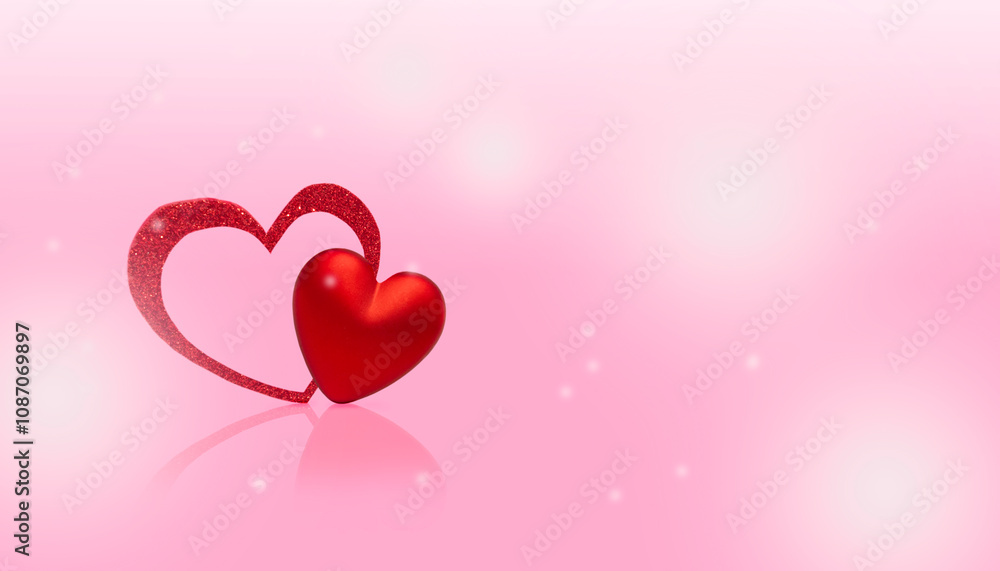 Pink background with red hearts in blurred focus. Festive background for Valentine's Day, Birthday, Mother's Day Pink background with red hearts in blurred focus. Festive background for Valentine's Day, Birthday, Mother's Day