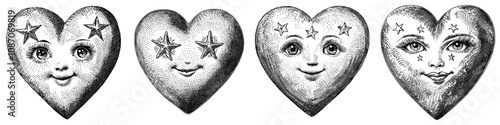 Valentine's day animation of a cartoon heart with big eyes, surrounded by smaller hearts. Sketch engraving generative AI illustration. Scratch board imitation.