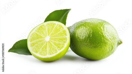 Lime with slice and leaf isolated on white background,