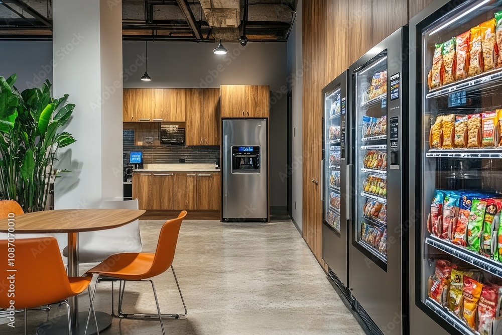 Modern office break room featuring vending machines and kitchenette Modern office break room featuring vending machines and kitchenette