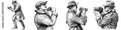 The old serious detective or paparazzi with camera sketch engraving is a generative Ai representation of a fictional character. This is a black and white image that is a scratch board imitation.