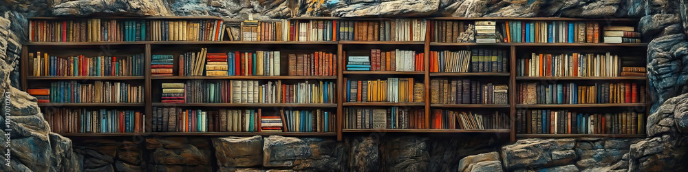 A vast array of books, neatly organized on wooden shelves built into a rocky cliff face. A vast array of books, neatly organized on wooden shelves built into a rocky cliff face.
