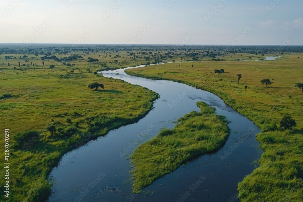 Aerial View of Serene River in Lush Green Landscape Aerial View of Serene River in Lush Green Landscape