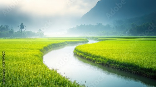 Serene Landscape of Lush Green Rice Fields and Gentle River Flowing Through Misty Mountains at Dawn in a Tranquil Agricultural Setting