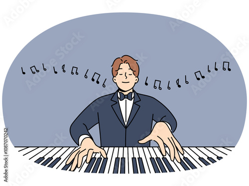 Man maestro plays piano with eyes closed and performs classical compositions in symphony orchestra. Happy maestro in tuxedo enjoys playing musical instrument and working in opera house.