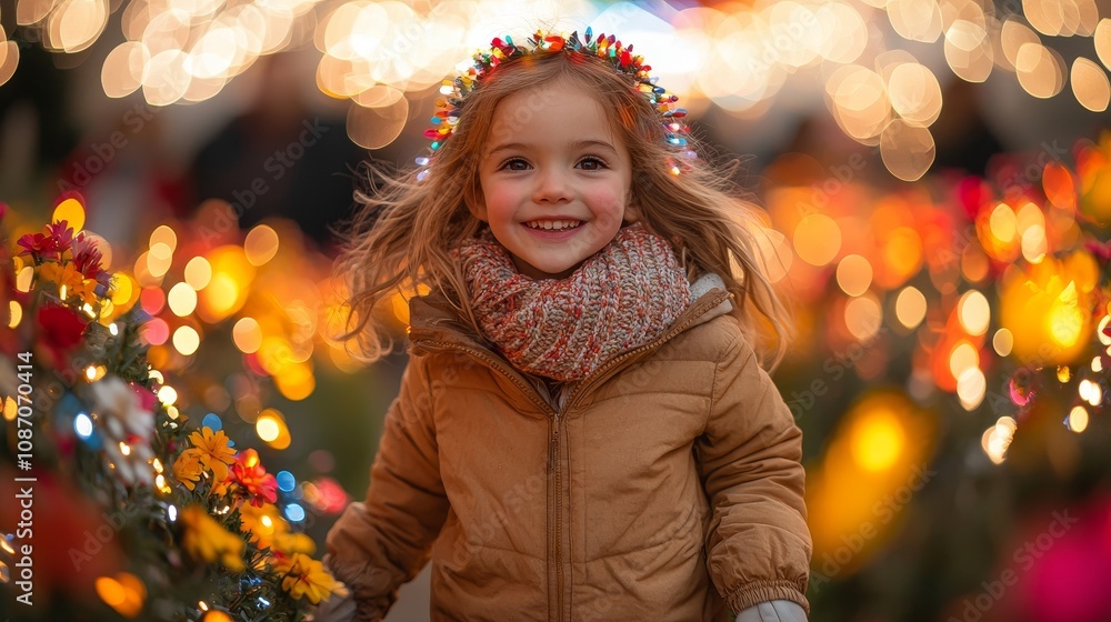 Joyful girl wearing lights and scarf amidst colorful lights and flowers Joyful girl wearing lights and scarf amidst colorful lights and flowers
