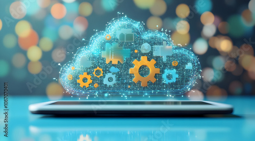 Wallpaper Mural A digital cloud with gears emerges from a smartphone, symbolizing cloud computing and technology integration. Torontodigital.ca