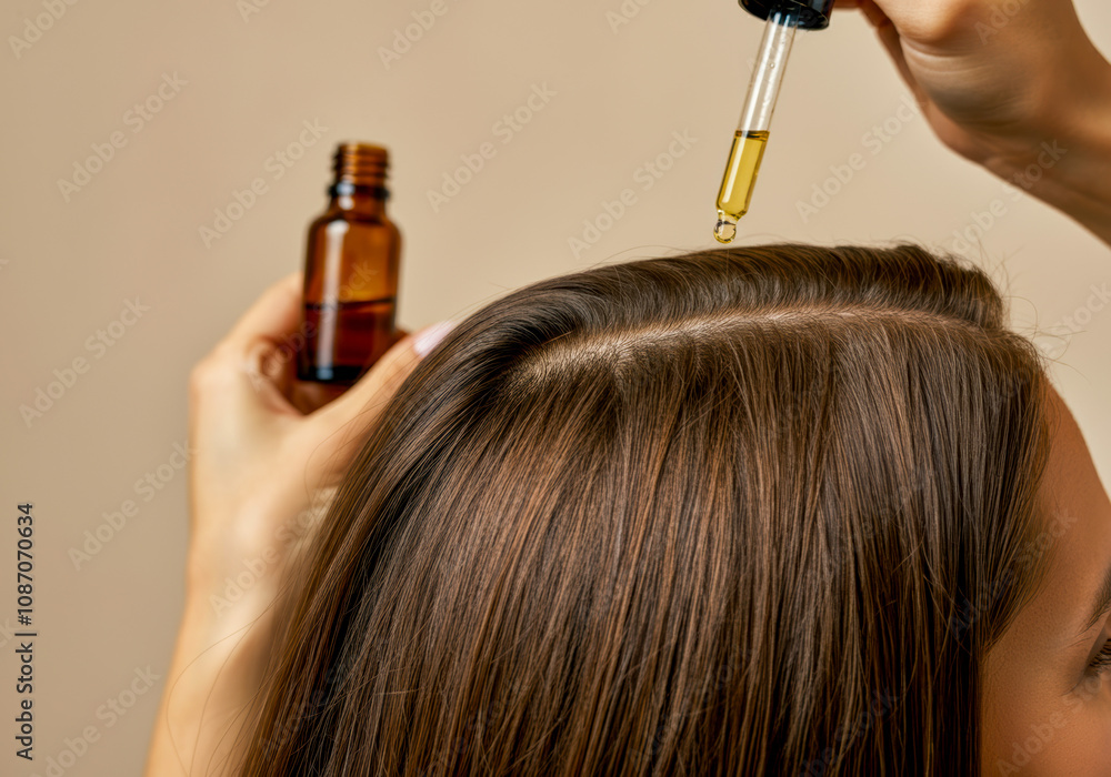Woman applying hair oil with a dropper to nourish and strengthen her hair indoors during a wellness routine Woman applying hair oil with a dropper to nourish and strengthen her hair indoors during a wellness routine
