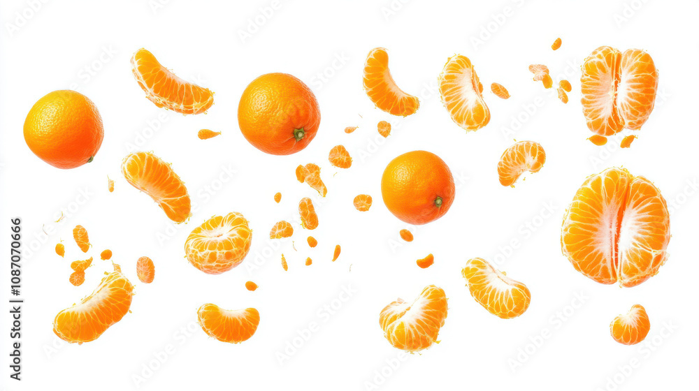 Falling mandarin orange fruits isolated on white background, collection Falling mandarin orange fruits isolated on white background, collection