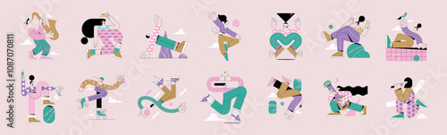 Set of vector, minimalist and funny characters in pastel colors. Character design in various and dynamic poses.