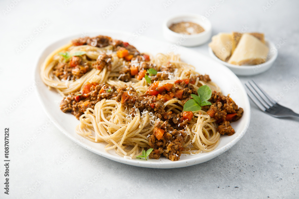 Spaghetti Bolognese with fresh basil