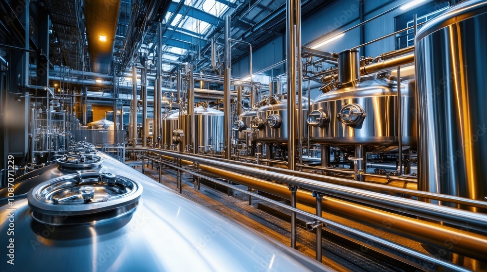 Industrial Brewery Interior with Stainless Steel Tanks and Pipes Industrial Brewery Interior with Stainless Steel Tanks and Pipes