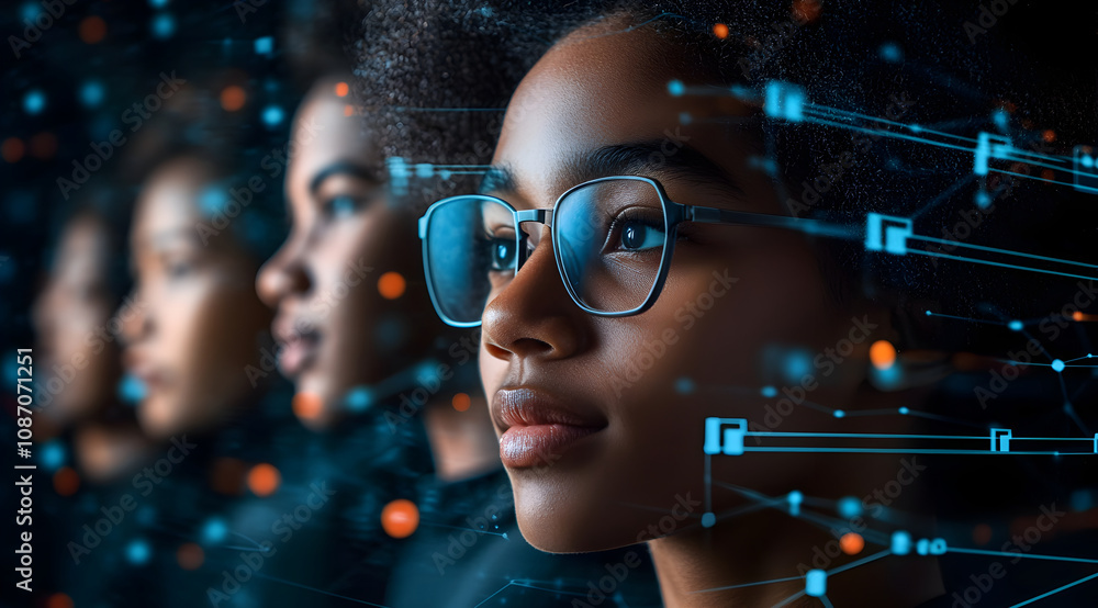 A thoughtful young girl in glasses contemplates, surrounded by a digital backdrop, symbolizing technology and the future. A thoughtful young girl in glasses contemplates, surrounded by a digital backdrop, symbolizing technology and the future.