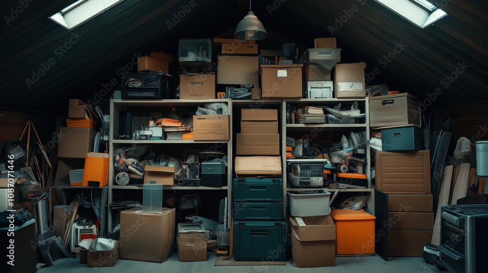 Cluttered attic with shelving units filled with cardboard boxes, plastic containers, and various household items under a sloped ceiling with skylights. Cluttered attic with shelving units filled with cardboard boxes, plastic containers, and various household items under a sloped ceiling with skylights.