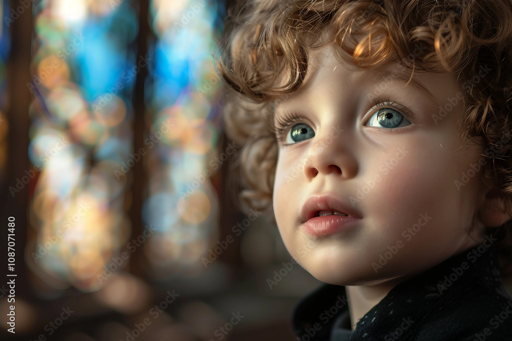 Generative AI Image of a Young Child in Church Attending a Religious Service Generative AI Image of a Young Child in Church Attending a Religious Service