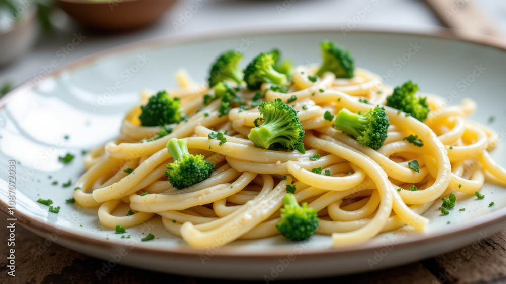 Delicious dish of creamy pasta with broccoli florets on top. Delicious dish of creamy pasta with broccoli florets on top.