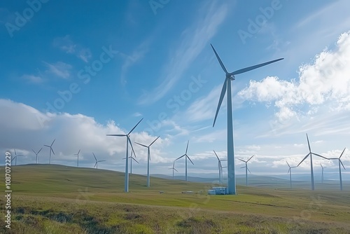 Expansive Landscape featuring Numerous Wind Turbines under a Bright Blue Sky with Wispy Clouds in a Renewable Energy Scene