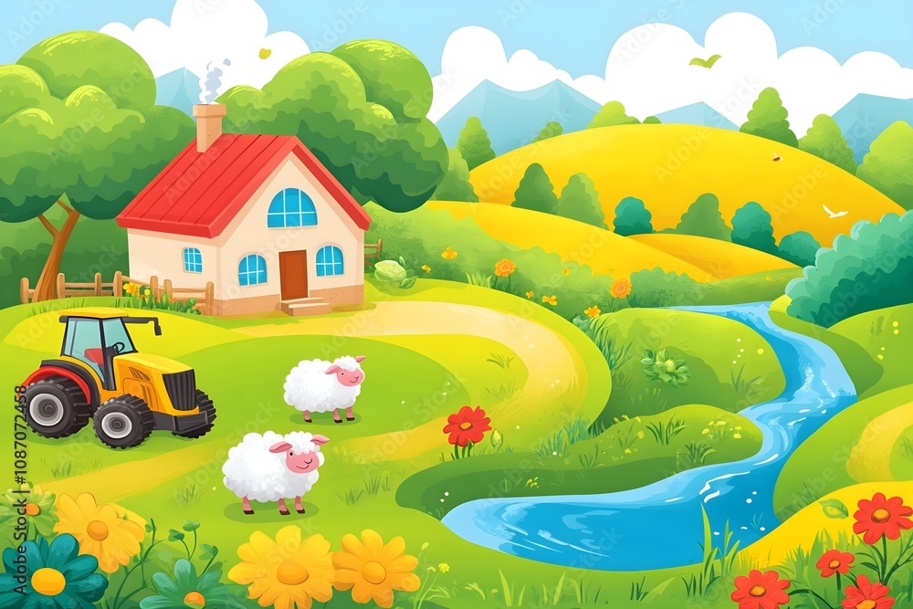 Fototapeta premium Beautiful landscape vector illustration of mountains, forests, fields and meadows. Stunning panoramic farm landscape with mountains in the background. Natural landscape