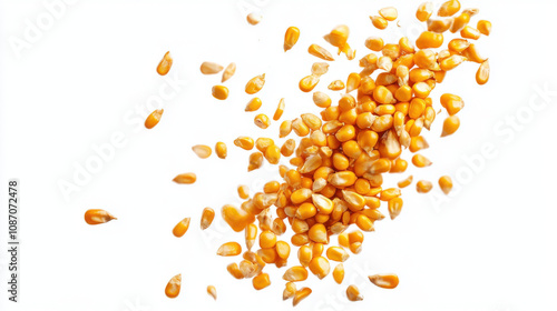 Falling corn seeds isolated on white background with clipping path