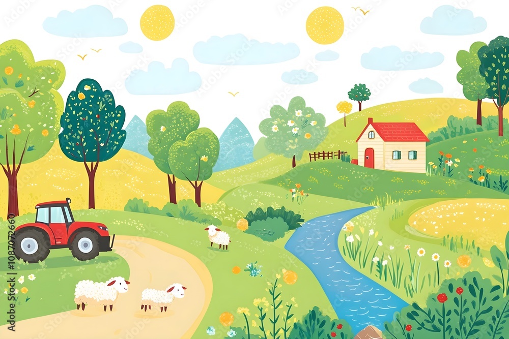 Fototapeta premium Beautiful landscape vector illustration of mountains, forests, fields and meadows. Stunning panoramic farm landscape with mountains in the background. Natural landscape