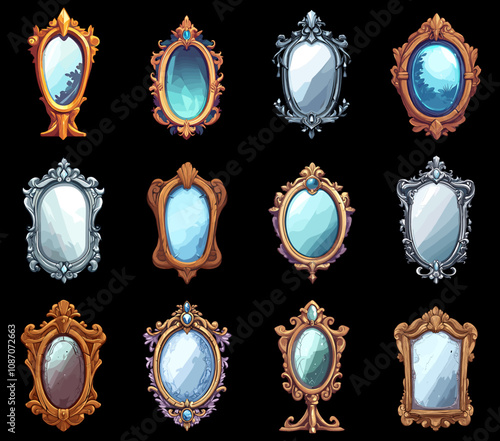 Ancient mirror set. Golden silver wooden metal. Front view. Forged carved ornate antique elegant retro frameworks. Fantasy game fairytale mirror. Cartoon style vector clipart collection on dark