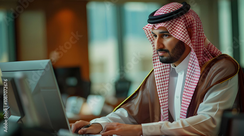 A businessman in traditional attire attentively works on a desktop computer in a modern office setting. photo