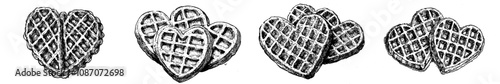 Heart shaped waffles hand drawn in ink. Engraving style modern illustration.