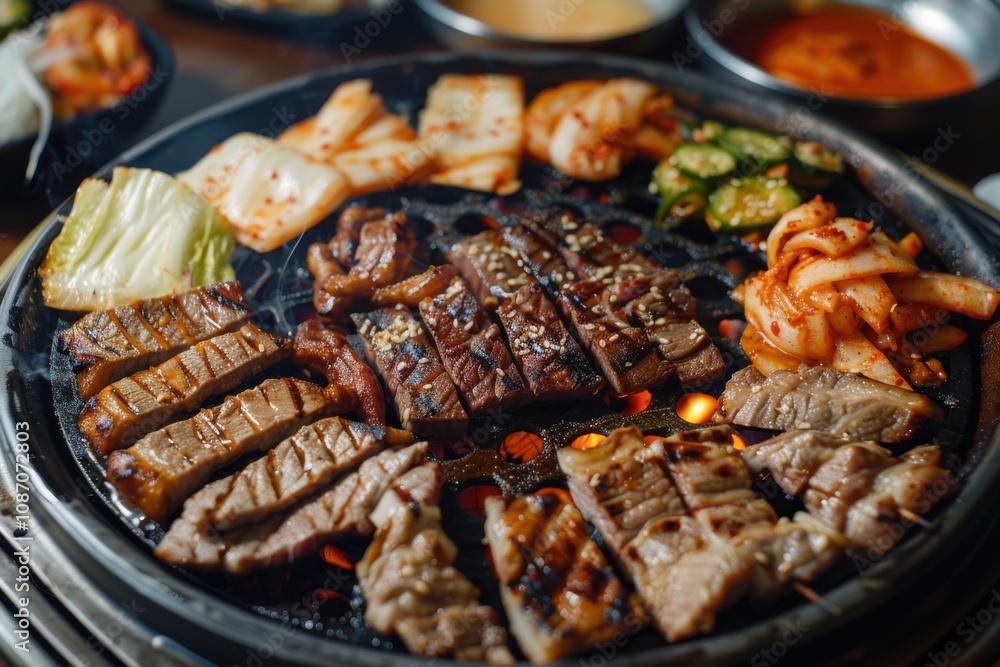 Grilling Pork, Beef, Kimchi, and Cabbage on a Hot Grill Grilling Pork, Beef, Kimchi, and Cabbage on a Hot Grill