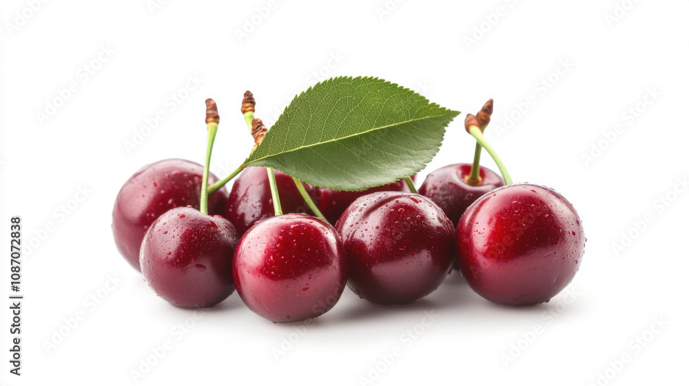 Cherry isolated on white background with clipping path, fresh cherries with stems and leaves Cherry isolated on white background with clipping path, fresh cherries with stems and leaves